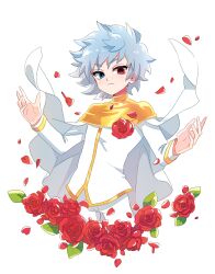 Rule 34 | 1boy, blue eyes, blue hair, cape, closed mouth, commentary, cowboy shot, duel masters, flower, gold trim, hands up, heterochromia, highres, light blue hair, long sleeves, looking at viewer, lucifer (duel masters), male focus, pants, petals, red eyes, red flower, red rose, rose, rose petals, shirt, short hair, simple background, solo, sukoyaka (100hituzi), white background, white cape, white pants, white shirt