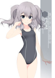 Rule 34 | 1girl, alternate breast size, artist name, black one-piece swimsuit, character name, collarbone, competition swimsuit, cowboy shot, eyes visible through hair, flat chest, grey eyes, hair between eyes, highres, inaba shiki, kantai collection, kashima (kancolle), long hair, looking at viewer, one-hour drawing challenge, one-piece swimsuit, sidelocks, silver hair, simple background, smile, solo, standing, striped clothes, striped one-piece swimsuit, swimsuit, twintails, vertical-striped clothes, vertical-striped one-piece swimsuit, wavy hair, white background