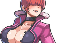Rule 34 | 1girl, black shirt, blush, breasts, cleavage, fighting stance, fur trim, hair over eyes, highres, jacket, large breasts, lips, pink jacket, sagas293, shermie (kof), shirt, simple background, solo, the king of fighters, the king of fighters xv, unfinished, white background