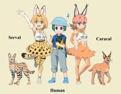 Rule 34 | 1boy, 2girls, animal, animal ear fluff, animal ears, bag, bare shoulders, black hair, blonde hair, blouse, blue eyes, blue shirt, blue vest, blush, boots, bow, bowtie, bucket hat, caracal, caracal (kemono friends), commentary request, elbow gloves, extra ears, full body, gloves, green hair, hand on own hip, hand up, hat, hat feather, high-waist skirt, highres, kemono friends, kemono friends 2, kyururu (kemono friends), light brown hair, long hair, multicolored clothes, multicolored gloves, multicolored hair, multiple girls, open mouth, pencil skirt, print gloves, print legwear, print neckwear, serval, serval (kemono friends), serval print, serval tail, shirt, shoes, short hair, short sleeves, shorts, shoulder bag, sidelocks, sketchbook, skirt, sleeveless, smile, sneakers, socks, standing, standing on one leg, t-shirt, tail, thighhighs, traditional bowtie, vest, white gloves, white hair, white legwear, white shirt, yamaguchi yoshimi, yellow eyes, zettai ryouiki