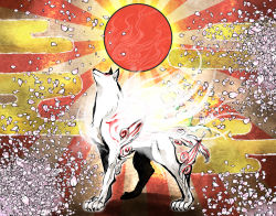 Rule 34 | amaterasu (ookami), cherry blossoms, egasumi, japan, no humans, ookami (game), ookamiden, petals, red sun, rising sun flag, satsuki yuu (awairo), sunburst, wolf