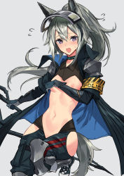 Rule 34 | 1girl, animal ears, arknights, armband, blue coat, blue footwear, blue gloves, blue pants, blush, breasts, brown shirt, coat, collared shirt, covering privates, covering breasts, cowboy shot, cross-laced footwear, embarrassed, eyelashes, gloves, grani (arknights), grey background, hair between eyes, highres, hip vent, holding, holding spear, holding weapon, horse ears, horse tail, knee guards, leg armor, long hair, looking at viewer, meme attire, midriff, navel, nipples, open clothes, open coat, open mouth, pants, polearm, ponytail, purple eyes, reverse bunnysuit, reverse outfit, shirt, shoes, sigm@, silver hair, simple background, small breasts, sneakers, solo, spear, sweatdrop, tail, tears, visor cap, wavy mouth, weapon