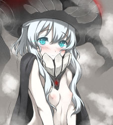 Rule 34 | 10s, 1girl, abyssal ship, blue eyes, blush, bodysuit, breasts, cape, covered erect nipples, glowing, glowing eyes, kantai collection, long hair, looking at viewer, nipples, pale skin, personification, ren san, silver hair, small breasts, solo, wo-class aircraft carrier
