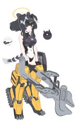 Rule 34 | 1girl, alternate costume, animal ears, armor, black hair, blue archive, breastplate, concept art, dog ears, dog tail, drone, halo, headgear, hibiki (blue archive), holding, leotard, long hair, machinery, mecha musume, mechanical legs, mimitoke, robot, simple background, solo, tail, white background, wrench
