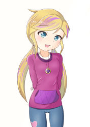 Rule 34 | 1girl, :d, blonde hair, blue eyes, breasts, child, denim, gluteal fold, highres, hood, hoodie, jeans, jewelry, locket, multicolored hair, necklace, open mouth, pants, pendant, petite, polly pocket, polly pocket (character), purple hair, skinny, small breasts, smile, solo, thigh gap, tight clothes, tight pants, twintails, undershirt, zoxriver503