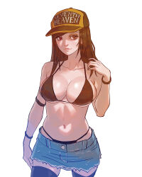 Rule 34 | 1girl, baseball cap, bikini, black bikini, black hair, black thighhighs, breasts, collarbone, commentary, davecavedraws, denim, denim skirt, elbow pads, english commentary, final fantasy, final fantasy vii, final fantasy vii ever crisis, frayed clothes, frayed shorts, halterneck, hat, highres, large breasts, lips, long hair, looking to the side, navel, official alternate costume, red eyes, simple background, single elbow pad, skirt, solo, swimsuit, thighhighs, tifa lockhart, tifa lockhart (lifeguard), two-tone headwear, whale tail (clothing)