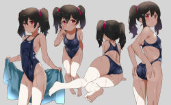 Rule 34 | 1girl, ass, barefoot, black hair, blue one-piece swimsuit, competition swimsuit, from behind, grey background, hair between eyes, highres, kurokawa makoto, looking at viewer, looking back, love live!, love live! school idol project, multiple views, one-piece swimsuit, red eyes, short hair, simple background, soles, swimsuit, toes, twintails, v, wet, wet hair, yazawa nico