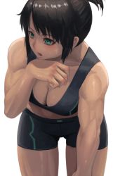 Rule 34 | 1girl, black hair, breasts, cleavage, cowboy shot, gluteal fold, green eyes, highres, large breasts, leaning forward, muscular, muscular female, open mouth, original, ranma (kamenrideroz), short hair, short shorts, shorts, simple background, solo, sports bra, standing, sweat, white background