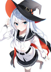 Rule 34 | 1girl, absurdres, black hat, blue eyes, fathom, halloween, hat, hibiki (kancolle), highres, kantai collection, long hair, long sleeves, shirt, simple background, solo, white hair, white shirt, witch hat