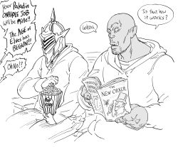 Rule 34 | 2boys, bad id, bald, bb (baalbuddy), brand name imitation, commentary, covered face, dark-skinned male, dark skin, english commentary, english text, food, greyscale, helmet, highres, holding, holding magazine, hood, hood down, hoodie, inactive account, long sleeves, magazine (object), male focus, monochrome, multiple boys, orc, original, parody, pointy ears, popcorn, simple background, sitting, tusks, white background