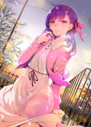 Rule 34 | 1girl, arm at side, bench, black ribbon, blush, breasts, cardigan, cherry blossoms, collared dress, crying, crying with eyes open, dress, fate/stay night, fate (series), hair ribbon, hand up, heterochromia, highres, jewelry, long hair, looking at viewer, matou sakura, mikazuki akira!, official alternate costume, outdoors, parted lips, pink cardigan, pink dress, pink eyes, pink ribbon, purple eyes, purple hair, red eyes, ribbon, ring, sky, solo, tears, tree