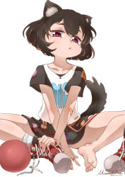 Rule 34 | 1girl, animal ears, ball, bandaid, bandaid on arm, bandaid on hand, barefoot, black hair, black skirt, child, chinese zodiac, closed mouth, clothes writing, dated, dog ears, dog tail, fingernails, head tilt, highres, indian style, jewelry, looking at viewer, mountain han, original, pink pupils, raglan sleeves, red eyes, red footwear, ring, sharp toenails, shirt, unworn shoe, shoes, unworn shoes, short hair, short sleeves, signature, simple background, sitting, skirt, soles, solo, tail, toenails, white background, white shirt, year of the dog