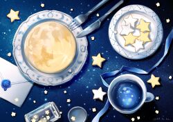 Rule 34 | absurdres, artist name, blue ribbon, blue theme, bottle, cookie, cup, envelope, food, food focus, fork, highres, hitoba, knife, moon, mug, no humans, original, plate, ribbon, sky, star-shaped cookie, star-shaped food, star (sky), star (symbol), starry background, starry sky, still life, wax seal