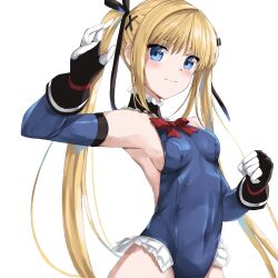 Rule 34 | 1girl, armpits, bare shoulders, black choker, black gloves, black ribbon, blonde hair, blue eyes, blue one-piece swimsuit, blue sleeves, blush, bow, bowtie, breasts, choker, clenched hand, closed mouth, commentary, covered navel, dead or alive, detached sleeves, eyebrows hidden by hair, eyelashes, frilled choker, frilled one-piece swimsuit, frills, gloves, hair ornament, hair ribbon, hand up, highres, long hair, looking at viewer, marie rose, one-piece swimsuit, open hand, red bow, red bowtie, ribbon, sideboob, simple background, small breasts, smile, solo, straight hair, swimsuit, tsurime, twintails, very long hair, white background, x hair ornament, yanagi marie