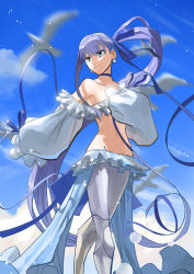 Rule 34 | 1girl, armor, bad id, bad pixiv id, bare shoulders, bikini, bird, blue eyes, blue ribbon, blue sky, breasts, choker, closed mouth, cloud, collarbone, commentary request, day, earrings, fate/grand order, fate (series), feet out of frame, frilled bikini, frills, greaves, groin, hair between eyes, hair ribbon, hirunagi, jewelry, long hair, long sleeves, looking at viewer, md5 mismatch, meltryllis, meltryllis (fate), meltryllis (swimsuit lancer) (fate), meltryllis (swimsuit lancer) (third ascension) (fate), navel, outdoors, pantyhose, puffy sleeves, purple hair, resolution mismatch, ribbon, seagull, side ponytail, sky, sleeves past fingers, sleeves past wrists, small breasts, smile, solo, source larger, standing, summer sky, swimsuit, thighs, very long hair, white pantyhose