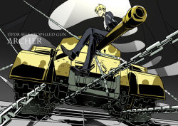 Rule 34 | 1boy, blonde hair, casual, caterpillar tracks, chain, crossed legs, enkidu (weapon) (fate), fate/stay night, fate (series), from below, gilgamesh (fate), high contrast, kon manatsu, male focus, military, military vehicle, motor vehicle, name connection, official alternate costume, red eyes, sexy44, short hair, sitting, solo, tank, vehicle