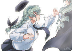 Rule 34 | 10s, alternate hairstyle, anchovy (girls und panzer), backlighting, bad id, bad pixiv id, beret, bespectacled, bow, braid, cape, commentary, drill hair, dual persona, eye contact, girls und panzer, glasses, green hair, hair bow, hat, holding hands, interlocked fingers, long hair, looking at another, looking back, looking up, low-tied long hair, necktie, open mouth, profile, school uniform, signature, simple background, single braid, solokov (okb-999), twin drills, white background, aged down