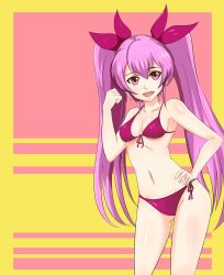 Rule 34 | 1girl, akame ga kill!, angel pena (angelox), bikini, breasts, collarbone, hair ribbon, long hair, looking at viewer, mine (akame ga kill!), navel, open mouth, pink background, pink eyes, pink hair, purple bikini, ribbon, side-tie bikini bottom, small breasts, smile, swimsuit, teeth, twintails, two-tone background, yellow background