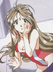 Rule 34 | 1990s (style), 1girl, :o, aa megami-sama, abuse, arm support, belldandy, blue eyes, breasts, brown hair, casual one-piece swimsuit, cleavage, dutch angle, facial mark, forehead mark, large breasts, long hair, looking at viewer, one-piece swimsuit, reclining, retro artstyle, slap mark, slapping, solo, swimsuit, wet