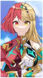 Rule 34 | 1girl, 2girls, blonde hair, breasts, cleavage, highres, large breasts, long hair, multiple girls, mythra (xenoblade), pyra (xenoblade), red eyes, red hair, short hair, smile, split screen, xenoblade chronicles (series), xenoblade chronicles 2, yellow eyes
