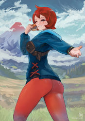 Rule 34 | 1girl, absurdres, andre borges, arezu (pokemon), ass, blue jacket, bracelet, cloud, commentary, cowlick, creatures (company), day, game freak, grass, hand up, highres, holding, holding poke ball, jacket, jewelry, long sleeves, looking at viewer, mountain, nintendo, one eye closed, orange eyes, orange pantyhose, outdoors, pantyhose, poke ball, poke ball (legends), pokemon, pokemon legends: arceus, red hair, short hair, sky, smile, solo