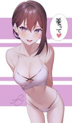 Rule 34 | 1girl, absurdres, arms behind back, bare shoulders, bikini, blush, breasts, brown hair, cleavage, collarbone, commentary request, hair behind ear, hair between eyes, heart, highres, huge filesize, kuen (kuennn12), large breasts, leaning forward, midriff, navel, open mouth, original, purple background, purple eyes, signature, simple background, solo, speech bubble, striped, striped background, swimsuit, translation request, tsurime, white background