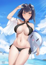 Rule 34 | 1girl, bikini, blue eyes, blue hair, blush, boros (ouro kronii), breasts, cleavage, eyewear on head, hair intakes, highres, hololive, hololive english, large breasts, looking at viewer, midriff, namiorii, navel, o-ring, o-ring bikini, ocean, ouro kronii, short hair, solo, sunlight, swimsuit, virtual youtuber, water drop