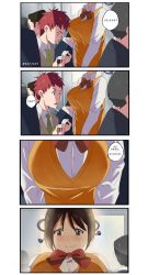 Rule 34 | 1girl, 4koma, 6+boys, aged down, alternate costume, backlighting, beta (joutarou), black hair, blue eyes, blue ribbon, blush, breasts, brown eyes, comic, commentary, cosplay, english text, green necktie, green ribbon, hair ribbon, height difference, highres, iowa (pacific), kantai collection, kimi no na wa., large breasts, long sleeves, look-alike, looking at breasts, looking at viewer, miyamizu mitsuha, miyamizu mitsuha (cosplay), mole, mole under eye, multicolored ribbon, multiple boys, necktie, open mouth, pacific (kancolle), parody, pov, red hair, ribbon, school uniform, short guy, spoilers, sweater vest, tachibana taki, tachibana taki (cosplay), tall, twitter username, view between breasts