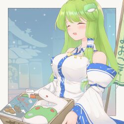Rule 34 | 1girl, absurdres, blush, book, breasts, closed eyes, collared shirt, commentary request, detached sleeves, frog hair ornament, green hair, hair ornament, highres, kochiya sanae, large breasts, long hair, nazawa (nother), open mouth, outside border, shameimaru aya, shirt, shrine, single hair tube, single sidelock, sleeveless, sleeveless shirt, smile, snake hair ornament, snowing, solo, stuffed animal, stuffed frog, stuffed snake, stuffed toy, touhou, upper body, white shirt, white sleeves, wide sleeves