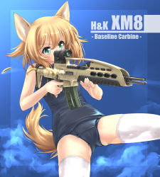 Rule 34 | 1girl, alliant techsystems, animal ears, blonde hair, blue one-piece swimsuit, blue school swimsuit, fox ears, fox tail, green eyes, gun, h&amp;k xm8, heckler &amp; koch, highres, holding, holding gun, holding weapon, mao (6r), military program, oicw increment 1 (military program), oicw increments (military program), old school swimsuit, one-piece swimsuit, original, rifle, school swimsuit, short hair, solo, swimsuit, tail, thighhighs, weapon