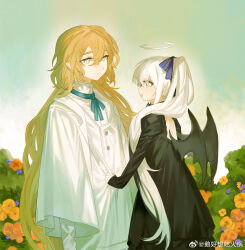 Rule 34 | 1boy, 1girl, :d, aqua ribbon, back cutout, bat wings, black dress, black wings, blonde hair, blue bow, bow, bush, buttons, chinese commentary, closed mouth, clothing cutout, dress, eyes visible through hair, flower, hair between eyes, hair bow, halo, highres, long hair, long sleeves, looking at another, neck ribbon, open mouth, orange flower, original, outdoors, pointy ears, ponytail, rexxxlord, ribbon, shirt, shirt tug, sidelocks, sleeves past wrists, smile, standing, weibo logo, weibo watermark, white hair, white shirt, wide sleeves, wings, yellow eyes, yellow flower