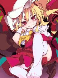 Rule 34 | &gt;:), 1girl, ascot, blonde hair, blush, bow, closed mouth, commentary request, flandre scarlet, furorina, hand up, hat, looking at viewer, mob cap, no shoes, red bow, red eyes, red skirt, short sleeves, side ponytail, sitting, skirt, skirt set, smile, solo, thighhighs, touhou, v-shaped eyebrows, white hat, white thighhighs