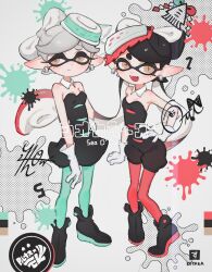 2girls ankle_boots bare_shoulders black_dress black_footwear black_hair black_jumpsuit boots bow-shaped_hair breasts brown_eyes callie_(splatoon) clenched_hand closed_mouth collar commentary_request cross-shaped_pupils detached_collar dress earrings fang full_body gloves gradient_hair green_pantyhose grey_hair hand_on_own_hip highres inkling jewelry jumpsuit long_hair long_pointy_ears marie_(splatoon) mole mole_under_eye multicolored_hair multiple_girls nintendo open_mouth pantyhose pointy_ears red_hair red_pantyhose short_eyebrows short_hair short_jumpsuit small_breasts smile splatoon_(series) standing strapless strapless_dress suuuuk_z0 swept_bangs symbol-shaped_pupils tentacle_hair thick_eyebrows twintails two-tone_hair white_collar white_gloves