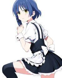 Rule 34 | 1girl, apron, back bow, black dress, black thighhighs, blue hair, bocchi the rock!, bow, closed mouth, collared shirt, commentary, dress, earrings, frilled apron, frills, hair ornament, hairclip, highres, jewelry, kusana (kusana47454281), light blush, looking at viewer, maid, mole, mole under eye, pinafore dress, puffy short sleeves, puffy sleeves, shirt, short hair, short sleeves, simple background, single sidelock, sleeveless, sleeveless dress, solo, stud earrings, thighhighs, waist apron, white apron, white background, white bow, white shirt, white wrist cuffs, wrist cuffs, yamada ryo, yellow eyes