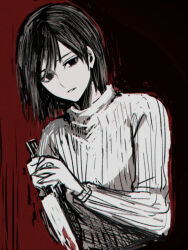 Rule 34 | 1girl, angela orosco, blood, bloody weapon, head tilt, holding, holding knife, knife, long sleeves, miichinori, monochrome, parted lips, red background, ribbed sweater, short hair, silent hill (series), silent hill 2, solo, spot color, sweater, upper body, weapon