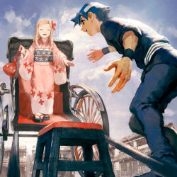 Rule 34 | 1boy, 1girl, bag, blonde hair, blue eyes, blue hair, blue sky, cart, cloud, cloudy sky, closed eyes, headband, helping, holding, holding bag, japanese clothes, kimono, long hair, long sleeves, looking at another, original, outdoors, pink kimono, red bag, sky, smile, stool, teeth, teeziro, upper teeth only, walking, white headband, wristband