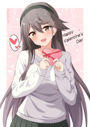Rule 34 | 1girl, :d, akahi242, black hair, black hairband, black skirt, blush, box, brown eyes, collarbone, commentary request, cowboy shot, hair between eyes, hair ornament, hairband, hairclip, happy valentine, haruna (kancolle), heart, heart-shaped box, highres, holding, kantai collection, long hair, long sleeves, looking at viewer, open mouth, simple background, skirt, smile, solo, spoken heart, standing, sweater, twitter username, valentine, very long hair, white sweater