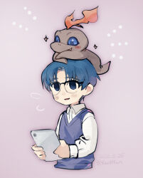 Rule 34 | blue eyes, blue hair, digimon, digimon (creature), digimon adventure 02, glasses, looking at another, pukamon, tablet pc