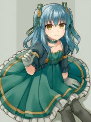 Rule 34 | 1girl, ao no kiseki, blue hair, breasts, chihiro (chihiro3399), dress, eiyuu densetsu, gloves, grey background, highres, long hair, looking at viewer, simple background, sitting, small breasts, smile, solo, thighhighs, tio plato, twintails, white gloves, zero no kiseki