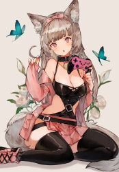 Rule 34 | 1girl, animal ear fluff, animal ears, black thighhighs, breasts, bug, butterfly, cat ears, cat girl, cleavage, collar, commission, controller, game controller, twirling hair, hbairband, highres, holding, holding controller, holding game controller, indie virtual youtuber, insect, kneeling, looking at viewer, medium breasts, open mouth, pleated skirt, purple eyes, rumihime, skeb commission, skirt, solo, thighhighs, virtual youtuber, white background
