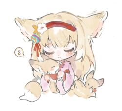 Rule 34 | 1girl, animal, animal ears, arknights, blonde hair, blush, chibi, closed eyes, closed mouth, flower, fox, fox ears, fox girl, hair flower, hair ornament, hairband, japanese clothes, kimono, long hair, multicolored hair, official alternate costume, pink kimono, red hairband, smile, solo, suzuran (arknights), suzuran (yukibare) (arknights), two-tone hair, white hair, xuan (xxuanl0424)