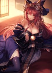 Rule 34 | 1girl, animal ears, bare shoulders, bed sheet, blue kimono, blue thighhighs, breasts, cleavage, collar, detached collar, detached sleeves, ears through headwear, fate/grand order, fate (series), fox ears, fox tail, genyaky, hair ornament, indoors, japanese clothes, kimono, large breasts, long hair, lying, obi, official alternate costume, on side, orange hair, sash, sitting, solo, tail, tamamo (fate), tamamo no mae (fate/extra), tamamo no mae (third ascension) (fate), thighhighs, very long hair, wide sleeves, yellow eyes