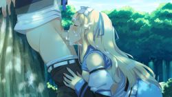 Rule 34 | 1boy, 1girl, ass, blonde hair, blush, breasts, censored, clothes lift, clothes pull, cum, cum in mouth, cum on hair, evenicle, closed eyes, facial, fellatio, forest, game cg, hetero, large breasts, legs, long hair, mosaic censoring, nature, nipples, no bra, oral, pants, pants pull, penis, riche (evenicle), shirt lift, sitting, sky, standing, thighs, tree, yaegashi nan