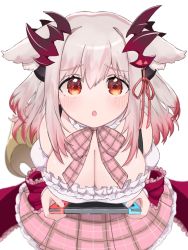 Rule 34 | 1girl, nanashi inc., :o, blush, breasts, cleavage, controller, game controller, holding, holding controller, holding game controller, honey strap, horns, large breasts, long hair, looking at viewer, multicolored hair, open mouth, pink hair, red eyes, solo, suou patra, tamotsu (mary), virtual youtuber