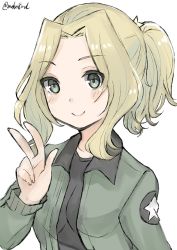 Rule 34 | 1girl, alternate eye color, alternate hairstyle, blonde hair, brown jacket, closed mouth, commentary, emblem, girls und panzer, green eyes, hair intakes, hair ornament, hair up, highres, jacket, kay (girls und panzer), lips, long sleeves, medium hair, military, military uniform, one-hour drawing challenge, open clothes, open jacket, saunders military uniform, seo kichi, simple background, smile, solo, star (symbol), star hair ornament, uniform, upper body, w, white background