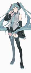 Rule 34 | 1girl, bare shoulders, black footwear, black skirt, black sleeves, blue eyes, blue hair, blue nails, blue necktie, boots, breasts, closed mouth, collared shirt, detached sleeves, full body, grey background, grey shirt, hair between eyes, half-closed eyes, hand up, hatsune miku, headset, highres, long hair, long sleeves, looking at viewer, mimelond, nail polish, necktie, pleated skirt, puffy long sleeves, puffy sleeves, shirt, simple background, skirt, sleeveless, sleeveless shirt, sleeves past wrists, small breasts, smile, solo, standing, thigh boots, tie clip, very long hair, vocaloid, wide sleeves