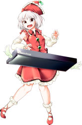 Rule 34 | 0-den, 1girl, absurdres, buttons, collared shirt, detached sleeves, falling star, floating, floating object, full body, highres, instrument, keyboard (instrument), looking away, lyrica prismriver, music, open mouth, playing instrument, red footwear, red headwear, red shirt, red skirt, shirt, simple background, skirt, skirt set, smile, socks, solo, touhou, v-shaped eyebrows, white background, white eyes, white hair, white sleeves, white socks, wings