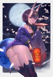 Rule 34 | 1girl, ass, black thighhighs, blunt bangs, border, breasts, cup, fang, fate/grand order, fate (series), flower, full moon, hair ornament, highres, horns, japanese clothes, lack, lantern, looking at viewer, moon, oni, purple eyes, purple hair, sakazuki, short hair, shuten douji (fate), skin-covered horns, small breasts, smile, solo, thighhighs, wide sleeves