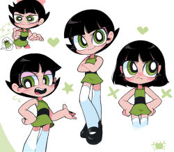 Rule 34 | 1girl, :d, bare arms, bare shoulders, black dress, black footwear, black hair, blush, buttercup (ppg), crossed arms, dress, fang, full body, green dress, green eyes, heart, highres, kim crab, looking at viewer, multiple views, open mouth, powerpuff girls, short hair, smile, speech bubble, teeth, thighhighs, two-tone dress, upper teeth only, wavy mouth, white background, white thighhighs