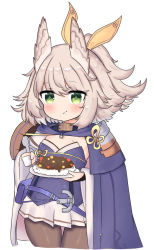 Rule 34 | 1girl, :t, azur lane, bailingxiao jiu, blue cloak, blue sleeves, blush, breasts, brown pantyhose, cloak, closed mouth, cropped torso, detached sleeves, eating, food, food on face, gloves, green eyes, grey hair, hair between eyes, hair ribbon, high ponytail, holding, holding plate, holding spoon, kitakaze (azur lane), long sleeves, mole, mole on breast, pantyhose, partially fingerless gloves, plate, pleated skirt, ponytail, ribbon, simple background, skirt, small breasts, solo, spoon, strapless, white background, white gloves, white skirt, wide sleeves, yellow ribbon
